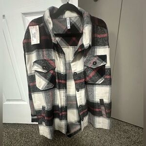 Zenana Plaid Jacket - Black, White, Red